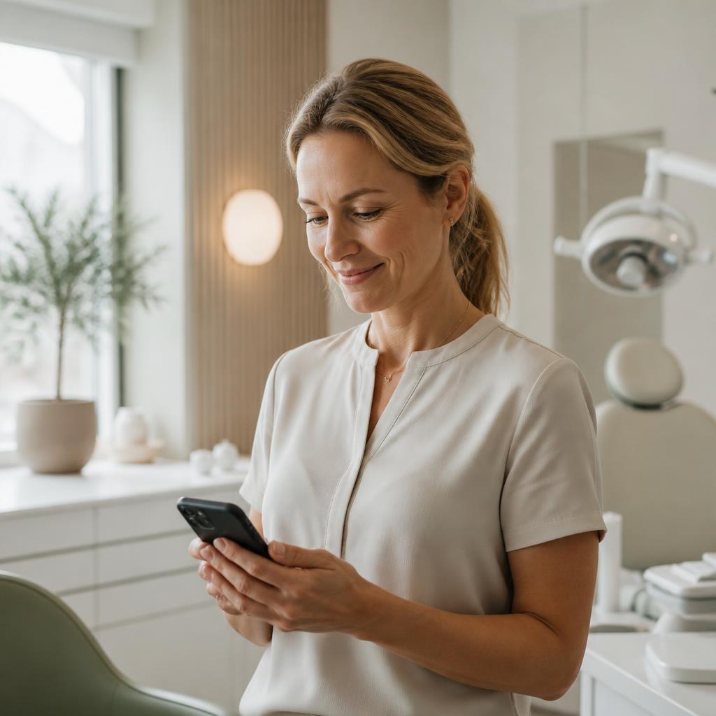 Clinic owner reviewing an Anja recommendation on her phone